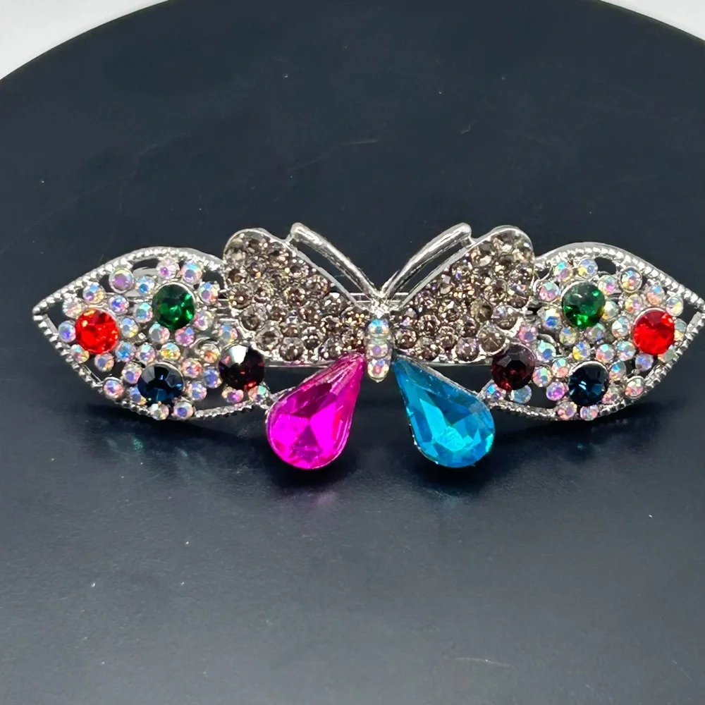 Whimsical Silver Multicolored Butterfly Hair Barrette